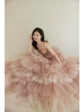 Unique Ball Gown Strapless Pink Tulle With Multi Layered Long Prom Quinceanera Dresses Sweet 15 16 Birthday Gown HZ0311