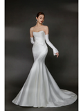 Women¡¯s V Neck Sleeveless Bridal Wedding Dress with Gloves Floor Length Mermaid Gown for Bride White HZ0311