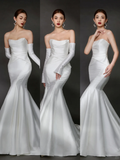 Women¡¯s V Neck Sleeveless Bridal Wedding Dress with Gloves Floor Length Mermaid Gown for Bride White HZ0311