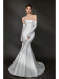 Women¡¯s V Neck Sleeveless Bridal Wedding Dress with Gloves Floor Length Mermaid Gown for Bride White HZ0311