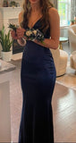 Sexy Mermaid Spaghetti Straps Sleeveless Navy Blue Long Formal Dresses Satin Prom Dress HZ0311