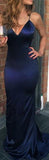 Sexy Mermaid Spaghetti Straps Sleeveless Navy Blue Long Formal Dresses Satin Prom Dress HZ0311