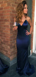 Sexy Mermaid Spaghetti Straps Sleeveless Navy Blue Long Formal Dresses Satin Prom Dress HZ0311