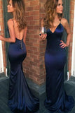 Sexy Mermaid Spaghetti Straps Sleeveless Navy Blue Long Formal Dresses Satin Prom Dress HZ0311