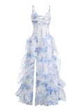 Sexy Mermaid Prom Dresses Spaghetti Straps Long Backless Blue Floral Party Gowns HZ0311