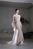 Vintage Mermaid Scoop Neck With Bow-knot Sequin Prom Dresses For Teens Formal Dress Party Outfits Prom Gowns HZ0311