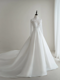 Timeless Women's White Ball Gown High Neck Long Sleeves Satin Wedding Dresses With Lace for Brides Dress HZ0311