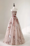 Modest Ball Gown Strapless Pink Tulle Lace Prom Dresses Long Party Dress Evening Dresses HZ0311