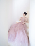Modest Ball Gown Strapless Chocolate Tulle Beaded Prom Dresses Long Party Dress Evening Dresses HZ0311