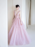 Modest Ball Gown V Neckline Pink Tulle Beaded Prom Dresses Long Party Dress Evening Dresses HZ0311