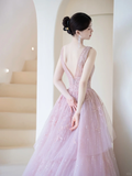 Modest Ball Gown V Neckline Pink Tulle Beaded Prom Dresses Long Party Dress Evening Dresses HZ0311