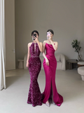Modest Mermaid Strapless Fuchsia Sequin Prom Dresses Long Party Dress Evening Dresses HZ0311