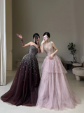 Modest Ball Gown Strapless Chocolate Tulle Beaded Prom Dresses Long Party Dress Evening Dresses HZ0311