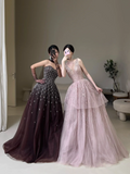 Modest Ball Gown Strapless Chocolate Tulle Beaded Prom Dresses Long Party Dress Evening Dresses HZ0311