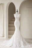 Luxury Mermaid Wedding Dresses For Women Sweetheart Neck Sleeveless Lace Tulle Sweep Bridal Gown HZ0311