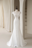Luxury Mermaid Wedding Dresses For Women Boat Cap Sleeves Lace Tulle Sweep Bridal Gown HZ0311
