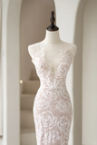 Timeless Women's Mermaid Spaghetti Straps Champagne White Lace Wedding Dress Mermaid for Bride Dresses HZ0311