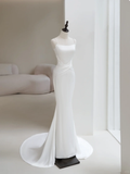Simple Women's White Mermaid Spaghetti Straps Sleeveless Satin With Pleated Wedding Dresses for Brides Dress HZ0311