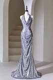 Modest Mermaid Halter Silver Sequins For Women Party Dress Long Formal Prom Dresses 22th Birthday Outfits HZ0311