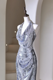 Modest Mermaid Halter Silver Sequins For Women Party Dress Long Formal Prom Dresses 22th Birthday Outfits HZ0311
