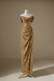 Modest Mermaid Off The Shoulder Gold Sequins For Women Party Dress Long Formal Prom Dresses 22th Birthday Outfits HZ0311