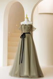 Cute Ball Gown Off The Shoulder Olive Green Tulle Long Prom Dresses Impress 18th Birthday Outfits Prom Gown HZ0311