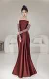 Modest Mermaid Strapless With Gloves Long Sleeves Burgundy Satin For Women Party Dress Long Formal Prom Dresses 22th Birthday Outfits HZ0311