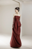Modest Mermaid Strapless With Gloves Long Sleeves Burgundy Satin For Women Party Dress Long Formal Prom Dresses 22th Birthday Outfits HZ0311