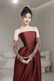 Modest Mermaid Strapless With Gloves Long Sleeves Burgundy Satin For Women Party Dress Long Formal Prom Dresses 22th Birthday Outfits HZ0311