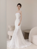 Timeless Women's Mermaid Spaghetti Straps White Tulle With Lace Appliqued Wedding Dress for Bride Dresses HZ0311