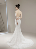 Timeless Women's Mermaid Spaghetti Straps White Tulle With Lace Appliqued Wedding Dress for Bride Dresses HZ0311