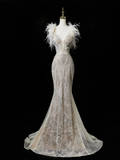 Timeless Women's Mermaid Spaghetti Straps White Sequins With Feathers Wedding Dress for Bride Dresses HZ0311