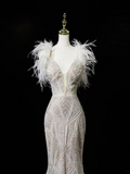 Timeless Women's Mermaid Spaghetti Straps White Sequins With Feathers Wedding Dress for Bride Dresses HZ0311