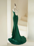 Modest Mermaid Spaghetti Straps With Beads Long Dark Green Satin For Women Party Dress Formal Prom Dresses 22th Birthday Outfits HZ0311