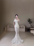 Charming Women's Mermaid Off The Shoulder With Short Sleeves White Sequins Wedding Dresses HZ0311