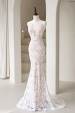 Timeless Women's Mermaid Spaghetti Straps Champagne White Lace Wedding Dress Mermaid for Bride Dresses HZ0311