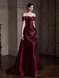 Classy Mermaid Off The Shoulder Burgundy Satin Long Formal Prom Dresses Dance Night Outfits Party Gowns HZ0311