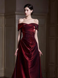 Classy Mermaid Off The Shoulder Burgundy Satin Long Formal Prom Dresses Dance Night Outfits Party Gowns HZ0311