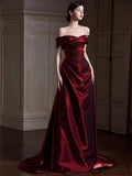 Classy Mermaid Off The Shoulder Burgundy Satin Long Formal Prom Dresses Dance Night Outfits Party Gowns HZ0311