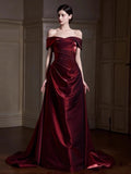 Classy Mermaid Off The Shoulder Burgundy Satin Long Formal Prom Dresses Dance Night Outfits Party Gowns HZ0311