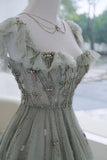 Elegant A line Square Neck Green Tulle Long Formal Prom Evening Dresses Dinner Outfits Party Gowns HZ0311