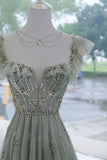 Elegant A line Square Neck Green Tulle Long Formal Prom Evening Dresses Dinner Outfits Party Gowns HZ0311
