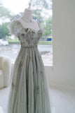 Elegant A line Square Neck Green Tulle Long Formal Prom Evening Dresses Dinner Outfits Party Gowns HZ0311
