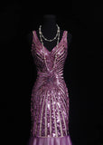 Vintage Mermaid V Neck 1960s Sequined Grape Tulle Evening For Women Party Dresses Long Formal Prom Dresses 20th Birthday Gowns HZ0311