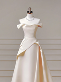 Romantic Long Wedding Dresses A Line Off The Shoulder Satin Pleated Wedding Dress Style For Brides Fitted With Train Bridal Gowns HZ0311