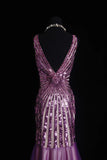 Vintage Mermaid V Neck 1960s Sequined Grape Tulle Evening For Women Party Dresses Long Formal Prom Dresses 20th Birthday Gowns HZ0311