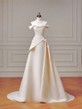 Romantic Long Wedding Dresses A Line Off The Shoulder Satin Pleated Wedding Dress Style For Brides Fitted With Train Bridal Gowns HZ0311