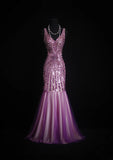 Vintage Mermaid V Neck 1960s Sequined Grape Tulle Evening For Women Party Dresses Long Formal Prom Dresses 20th Birthday Gowns HZ0311
