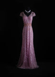 Vintage Mermaid V Neck 1960s Beaded With Short Sleeves Tulle Evening For Women Party Dresses Long Formal Prom Dresses 20th Birthday Gowns HZ0311