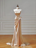 Modest Prom Dresses Aesthetic Mermaid Strapless Gold With Beaded Inspiration Impress Long Party Formal Gown For Teenagers High Schools HZ0311